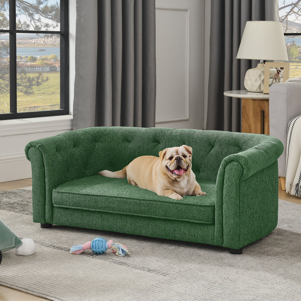 Pet sofa with arc-shaped backrest and armrests, contemporary rectangular pet sofa crafted from breathable linen  cozy soft cushion dog sofa --GREEN