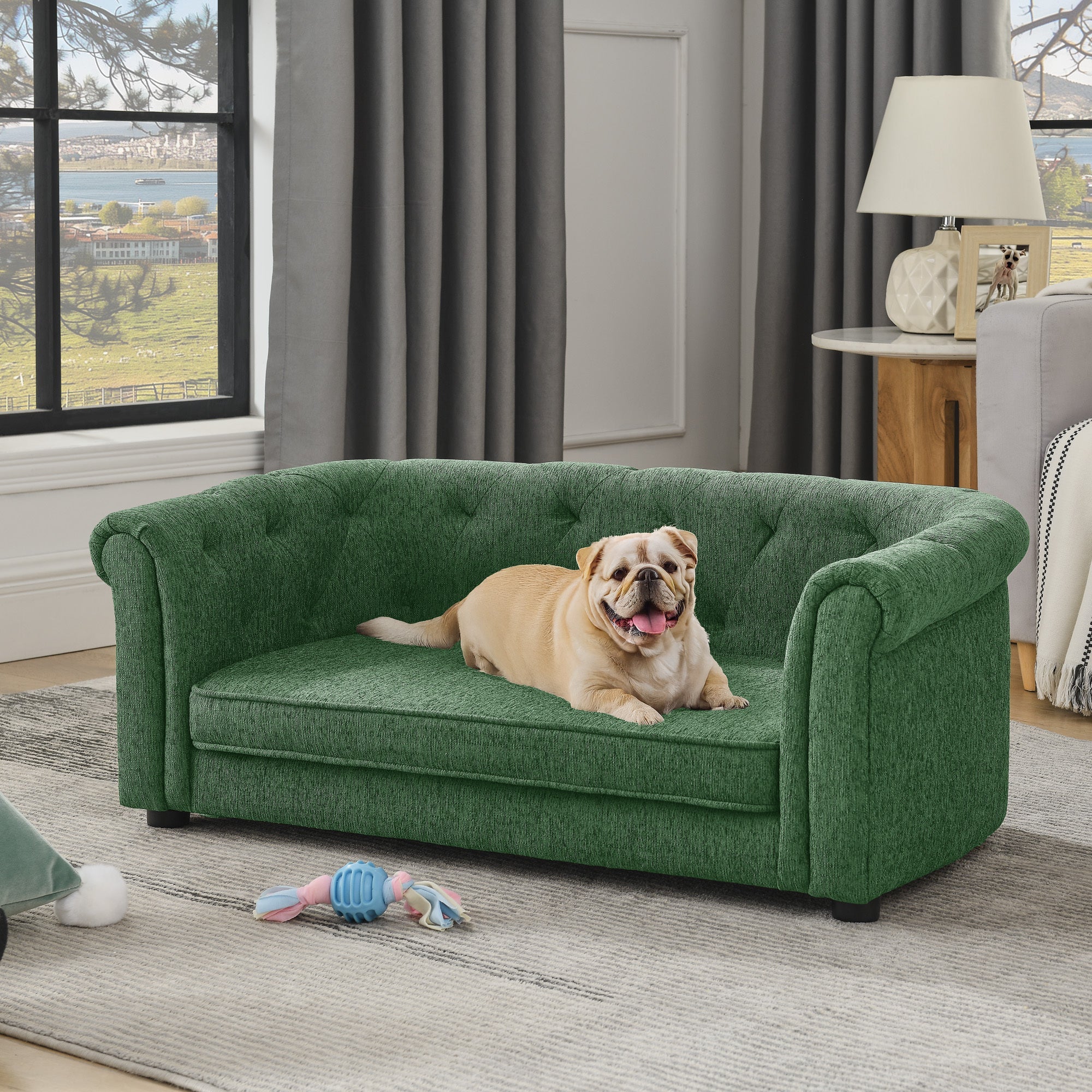 Pet sofa with arc-shaped backrest and armrests, contemporary rectangular pet sofa crafted from breathable linen  cozy soft cushion dog sofa --GREEN
