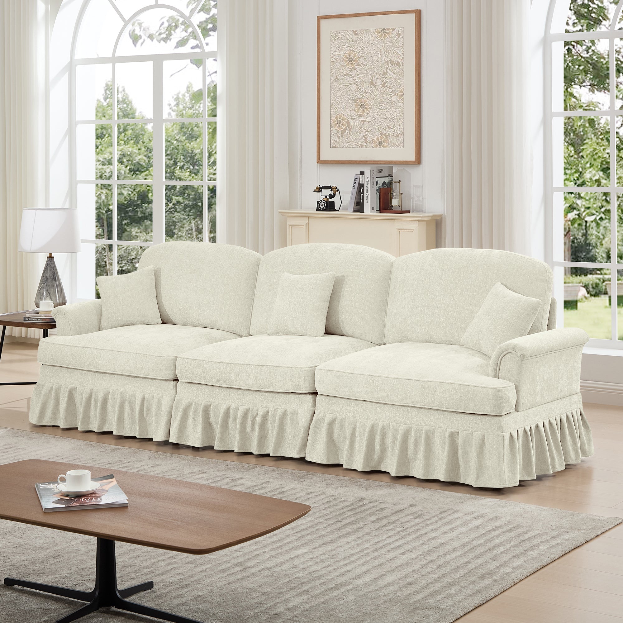 Elegant Mid Century Large 3 Seater Sofa Couch with Flared Arms and Removable Ruffles Pleats Skirts and Spindle Legs, Comfy Chenille Three-Seat Sofa for Living Room, Beige White