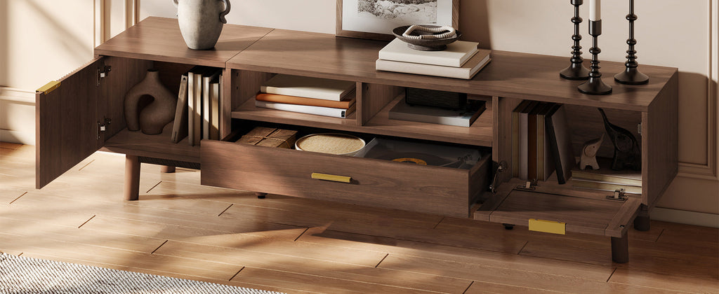 Wood Fashionable TV Stand for 75' TVs, TV Cabinet with Soft-Closing Door and Drop-Down Door Cabinet, Modern TV Consoles for Living Room, Bedroom