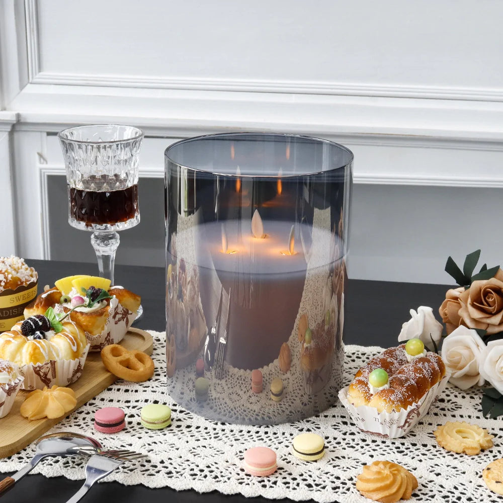 8"High 3-Wick Glass Flameless Candles( Large Gray)