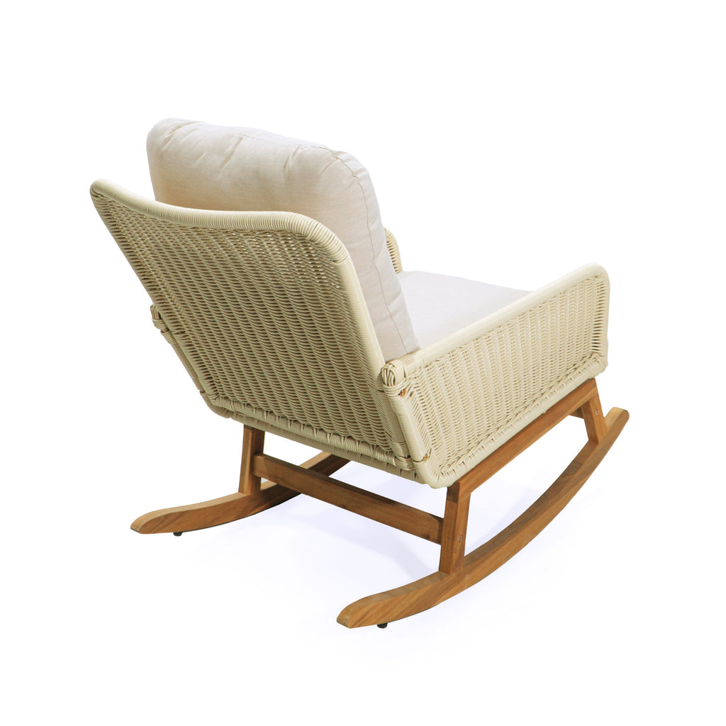Modern 3-Piece Outdoor Seating Set with Ivory Cushioned PE Rattan Rocking Chairs and Wooden Accent Table, Perfect for Patio or Balcony Relaxation