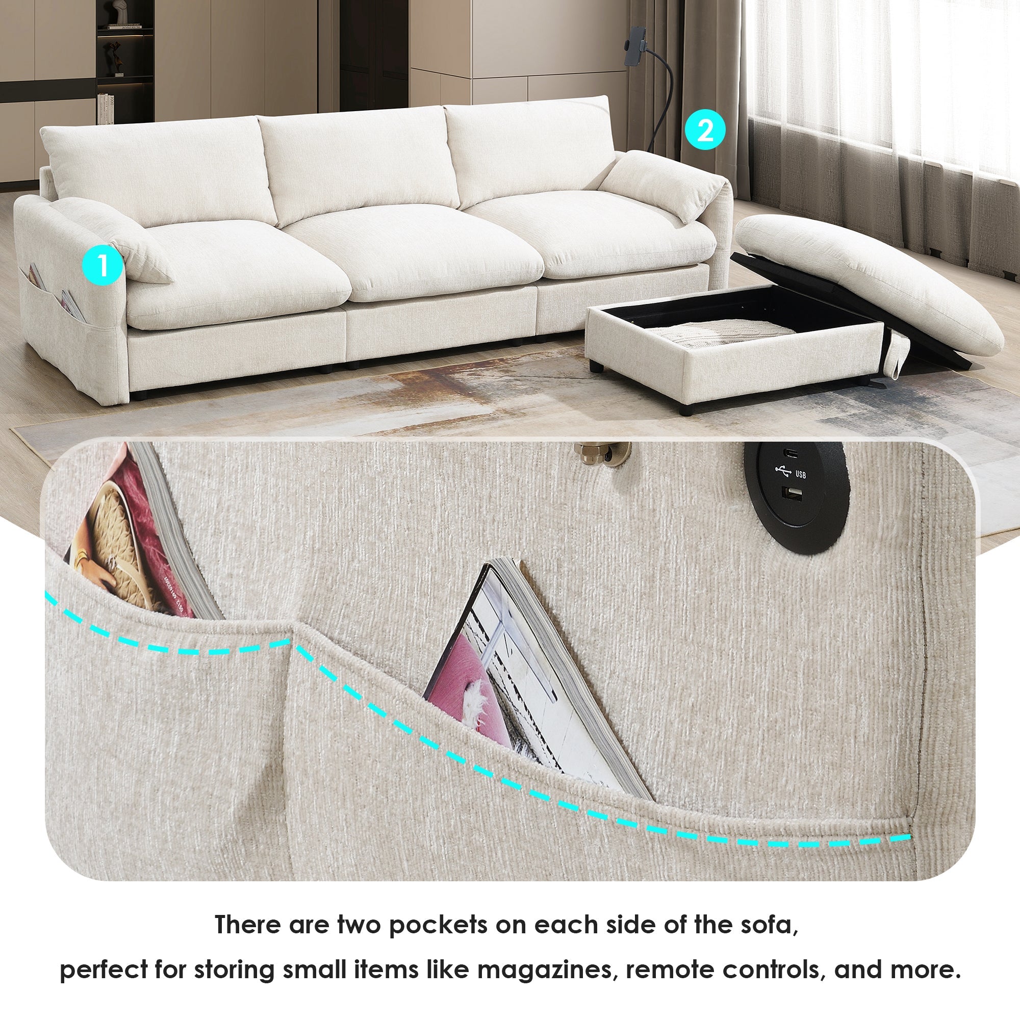 96.5'' Chenille Sectional Sofa with Storage Ottoman and Pockets,Adjustable Phone Holder,Wide Seat,4 Seat L Shaped Couch Set,Comfy Sofa with USB Charger for Living Room,Apartment,3 Colors