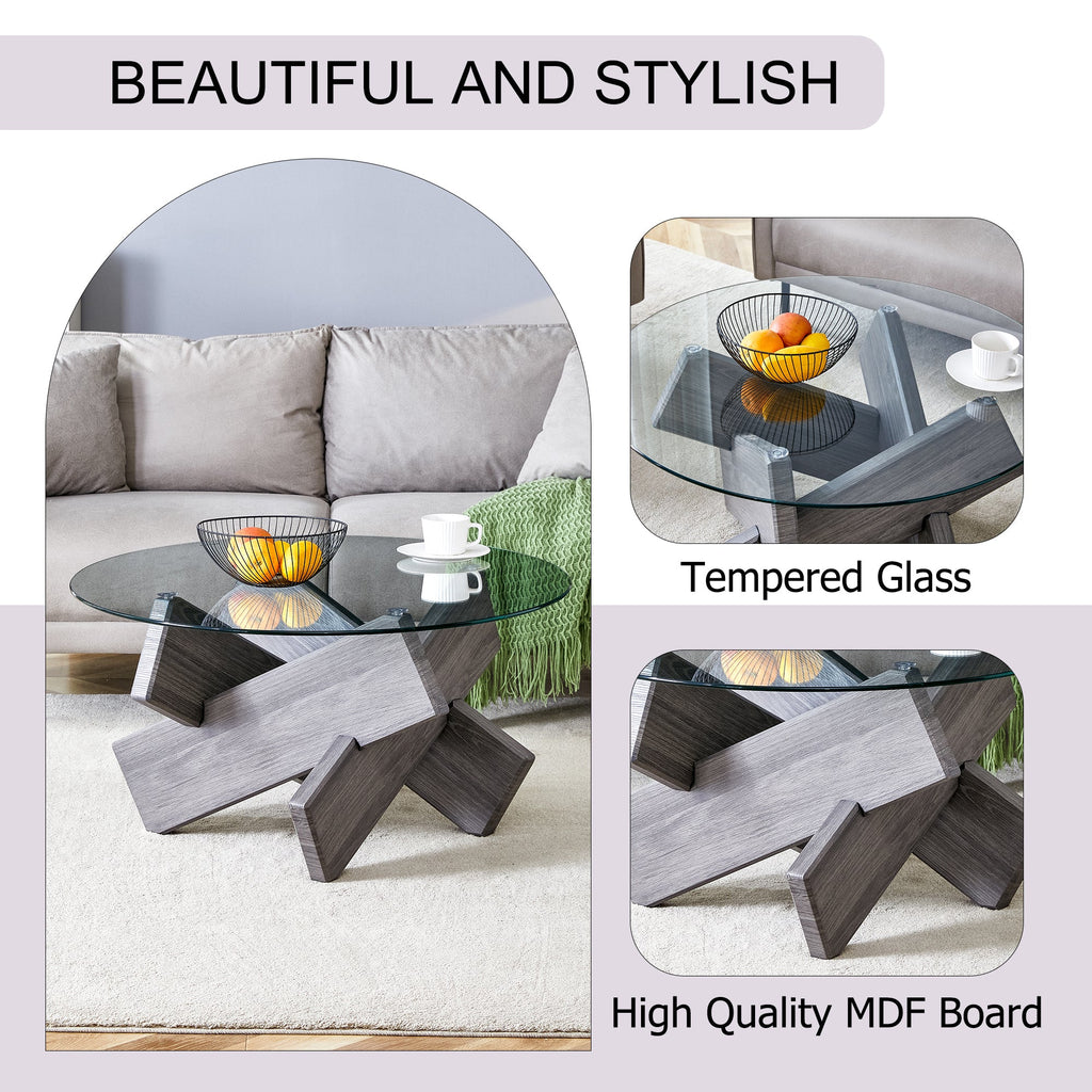 Round glass coffee table, 33.4" modern design unique coffee table. Tempered glass top with grey patterned MDF legs. Suitable for living and dining rooms