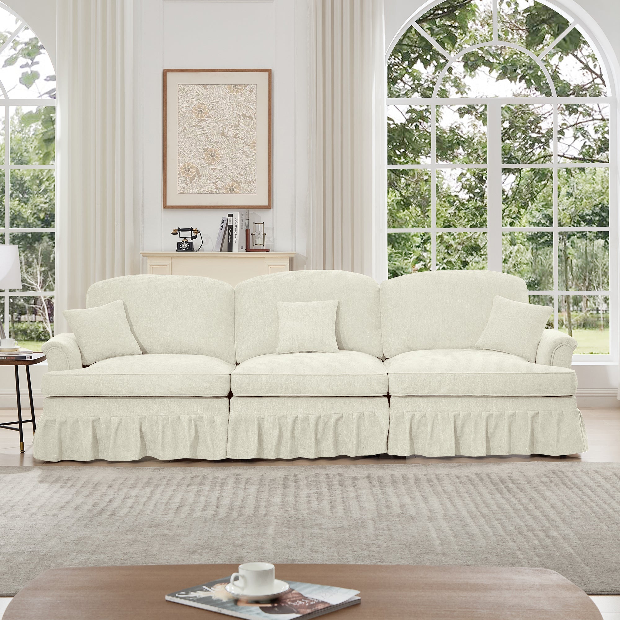 Elegant Mid Century Large 3 Seater Sofa Couch with Flared Arms and Removable Ruffles Pleats Skirts and Spindle Legs, Comfy Chenille Three-Seat Sofa for Living Room, Beige White