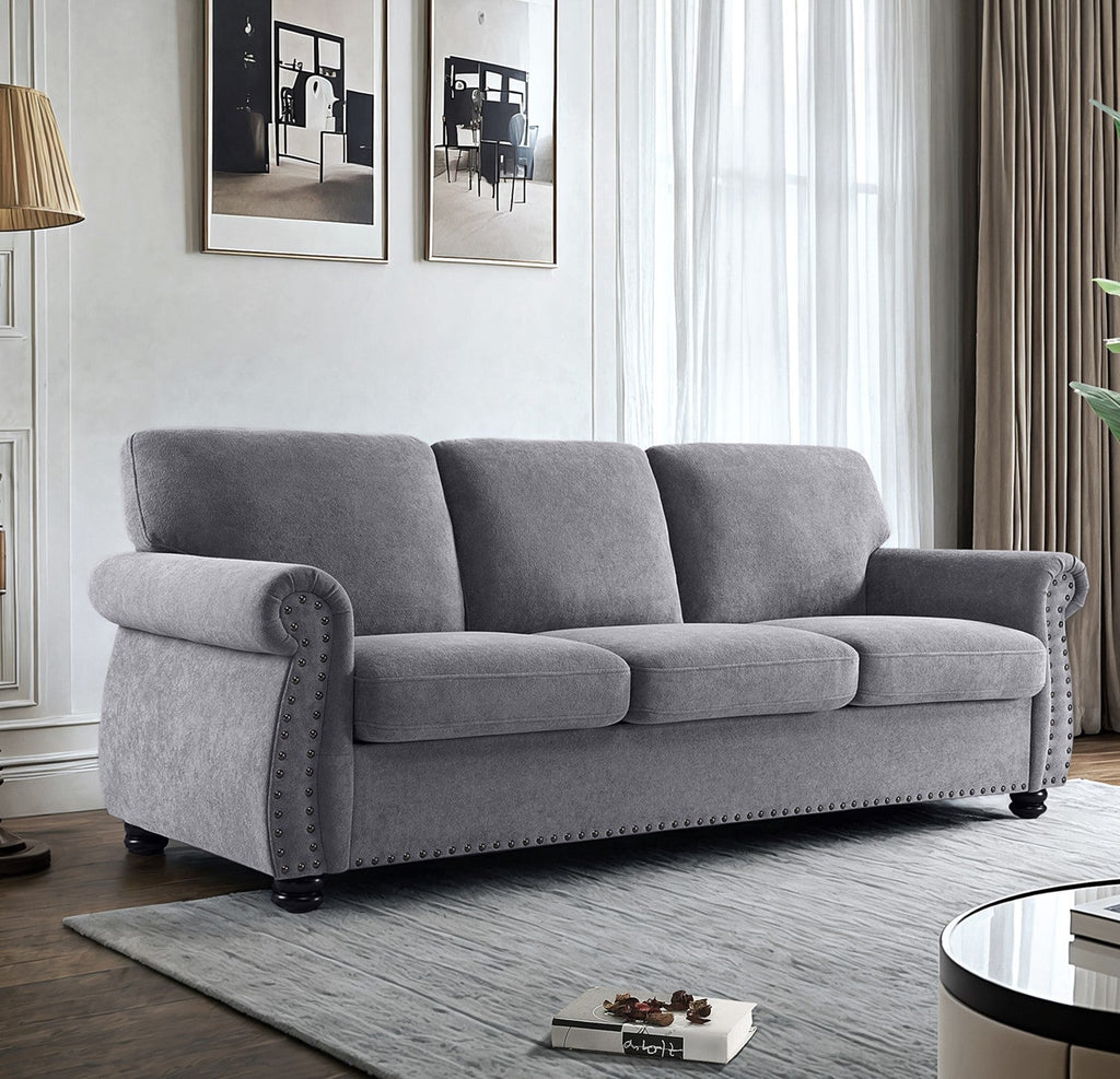 Soft Velvet Sofa, Upholstered 3 Seater Couch with High-Density Foam, Loose Back Cushions and Solid Wood Turned Legs, Chic Living Room Furniture for Home, Apartment and Office, Grey
