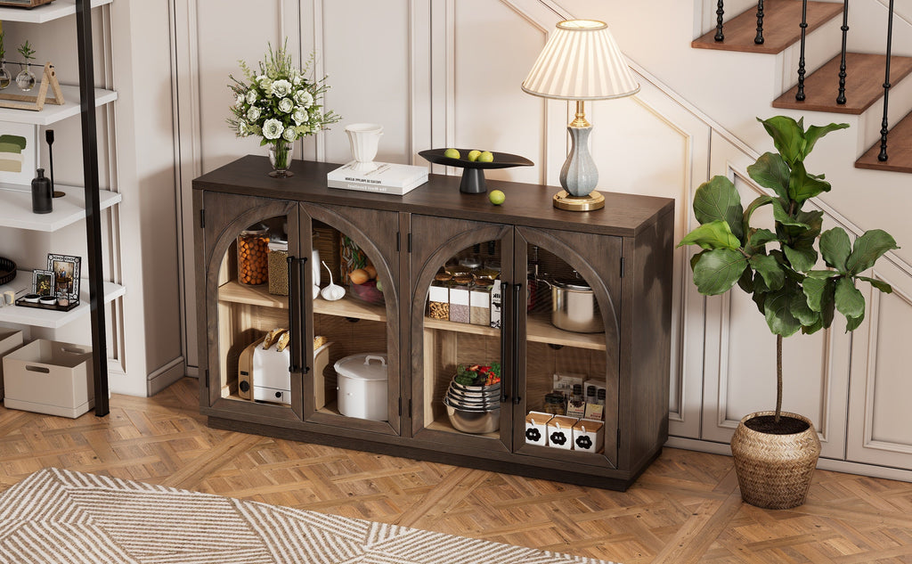 TREXM 4-Door Large Storage Sideboard Buffet Cabinet with Glass Doors, Arched Cabinet with Adjustable Shelves for Kitchen, Dining Room and Living Room (Espresso)