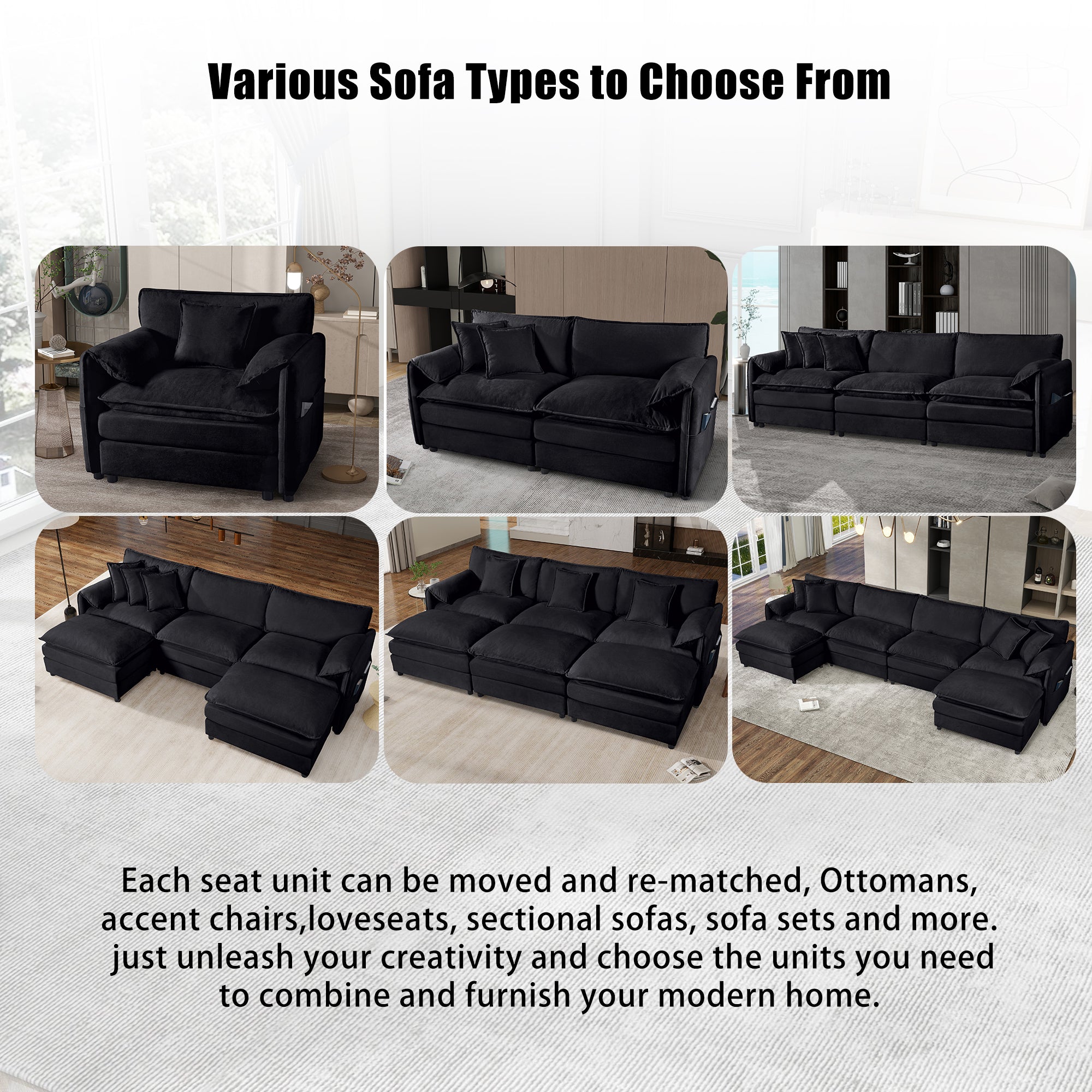Modular Sectional Sofa, Oversized Deep Seat U Shaped Couch Set for Living Room, 4-Seater Comfy Cloud Couches with Two Movable Ottomans, DIY Combination, Chenille,Black