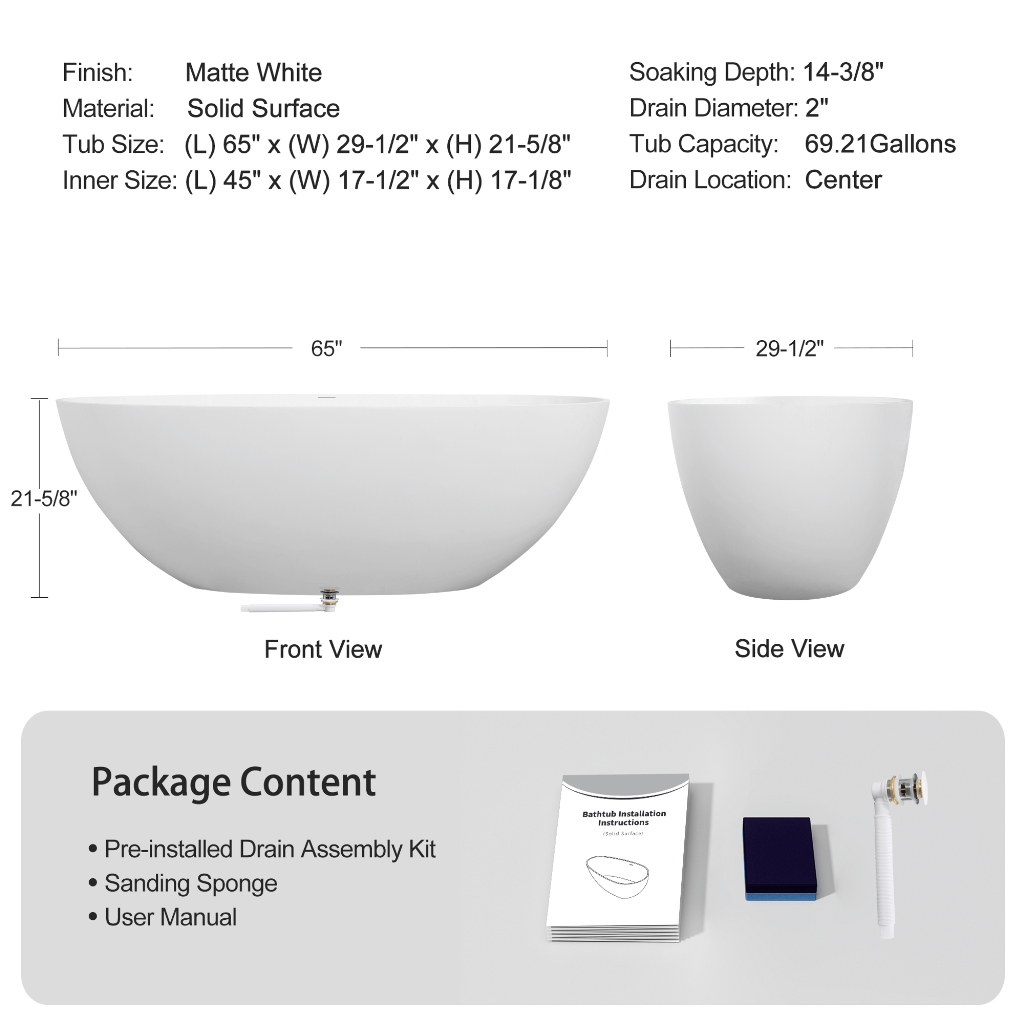 65" Luxury Freestanding Soaking Bathtub With Overflow And Pop-Up Drain (SAK69451)