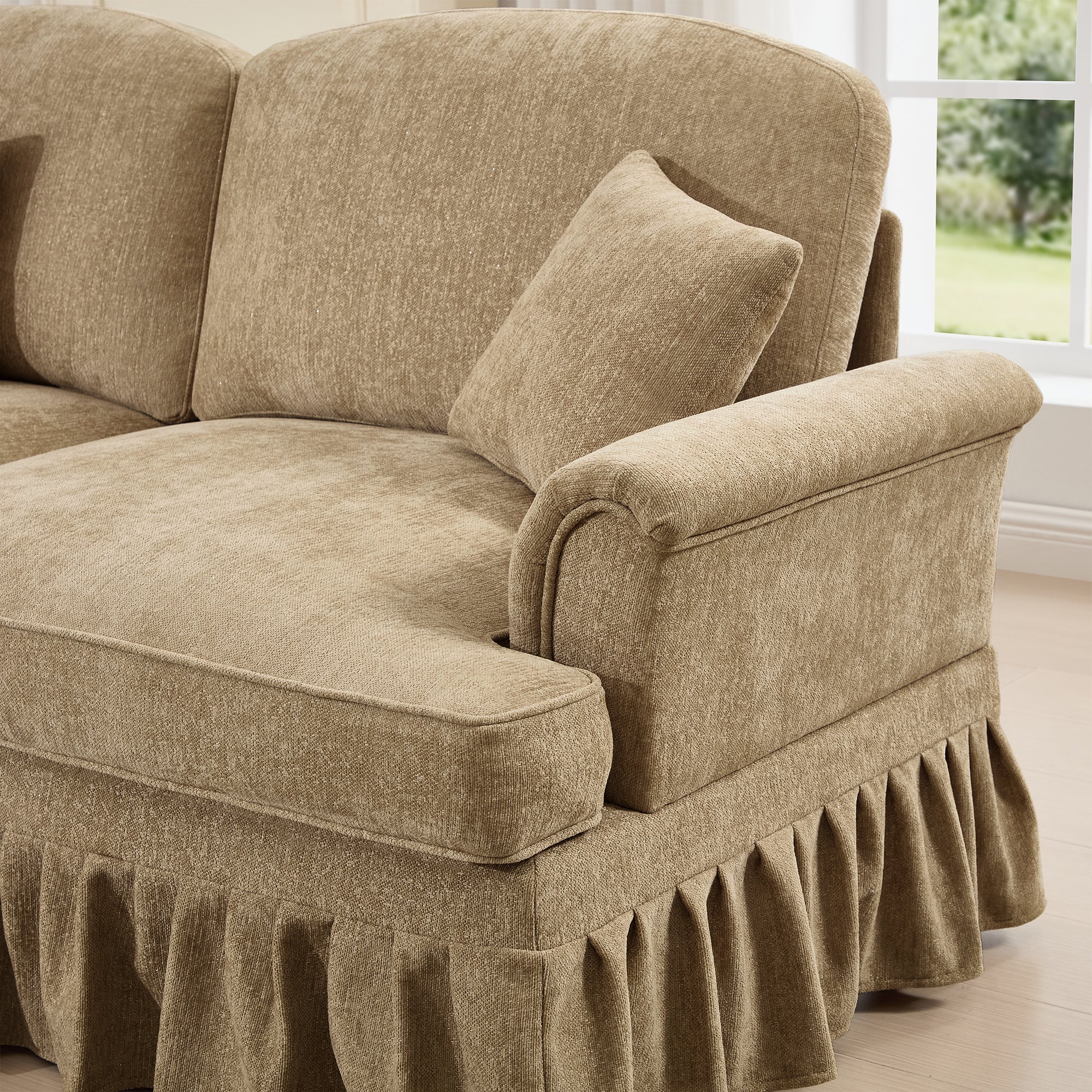 Classic Comfy Modular U Shape Sectional Sofa Couch with Flared Arms and Removable Ruffles Pleats Skirts and Spindle Legs, Upholstered Chenille Deep Seat Cloud Sofa with Movable Ottomans, Light Coffee