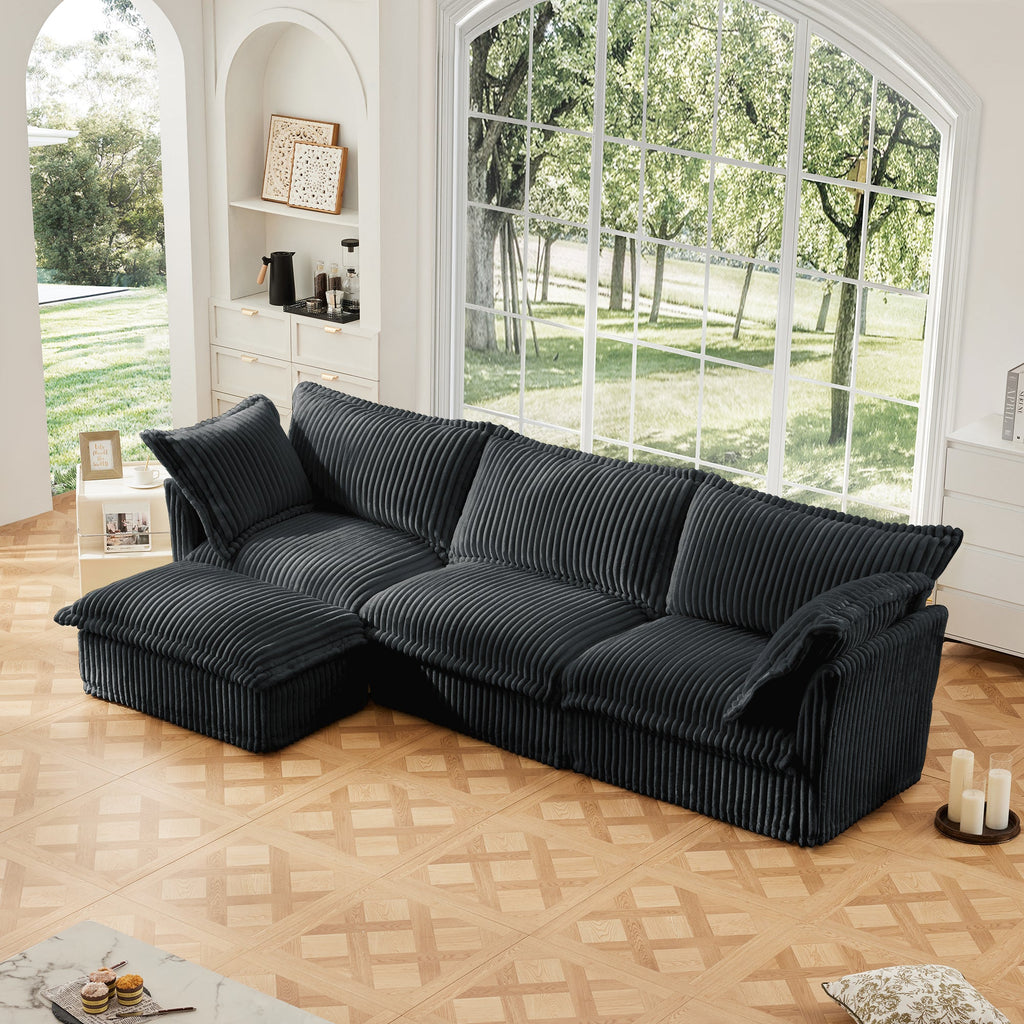 L-Shaped Slipcovered Sectional Sofa Couch, Comfy Deep Seat Cloud Couch with Convertible Ottoman & 2 Big Pillows, Modern Oversized 3 Seater Slipcovered Sofa Set for Living Room Office,Gray Corduroy
