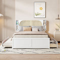 Queen Size Rattan Headboard Bed with Two Drawers and Trundle, White