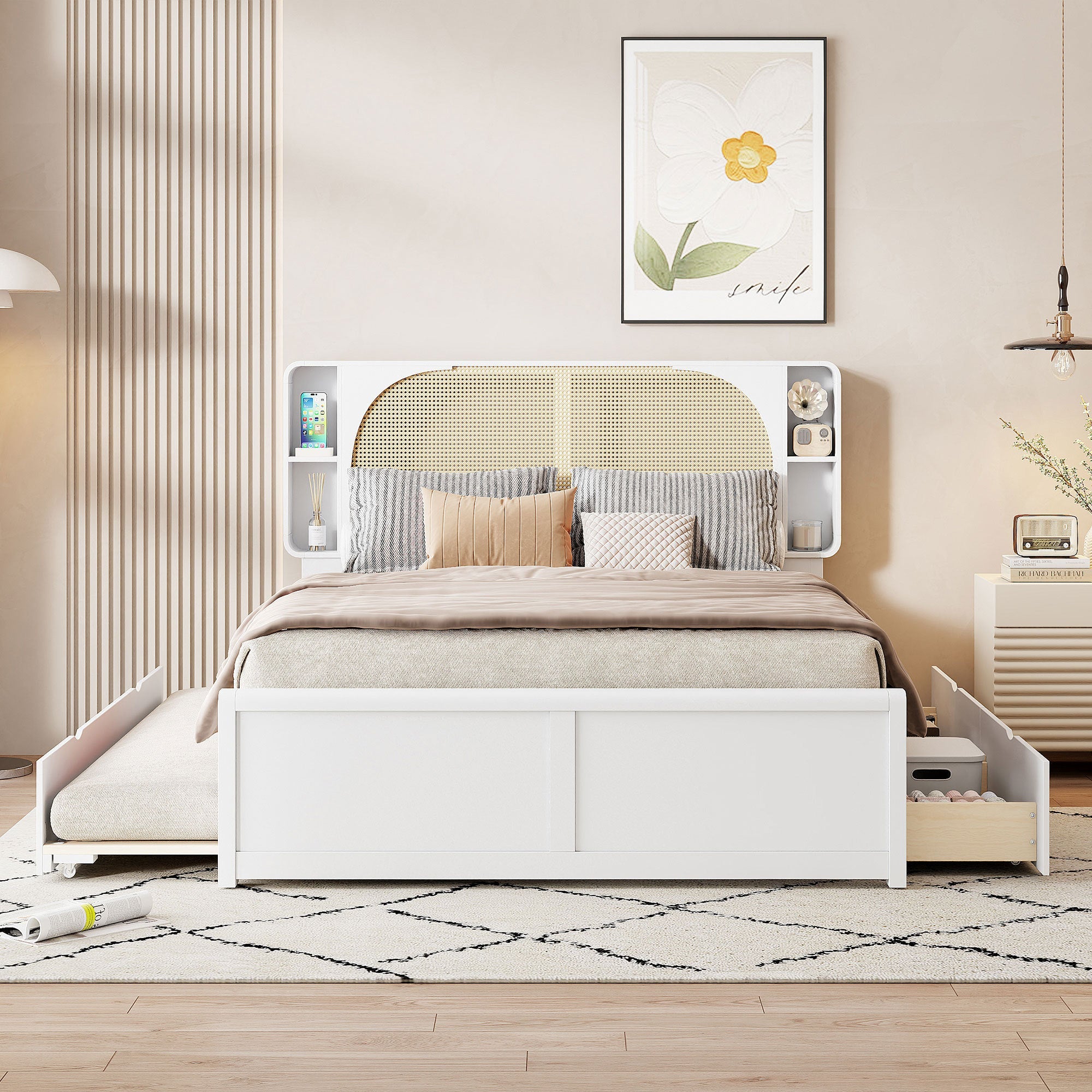 Queen Size Rattan Headboard Bed with Two Drawers and Trundle, White