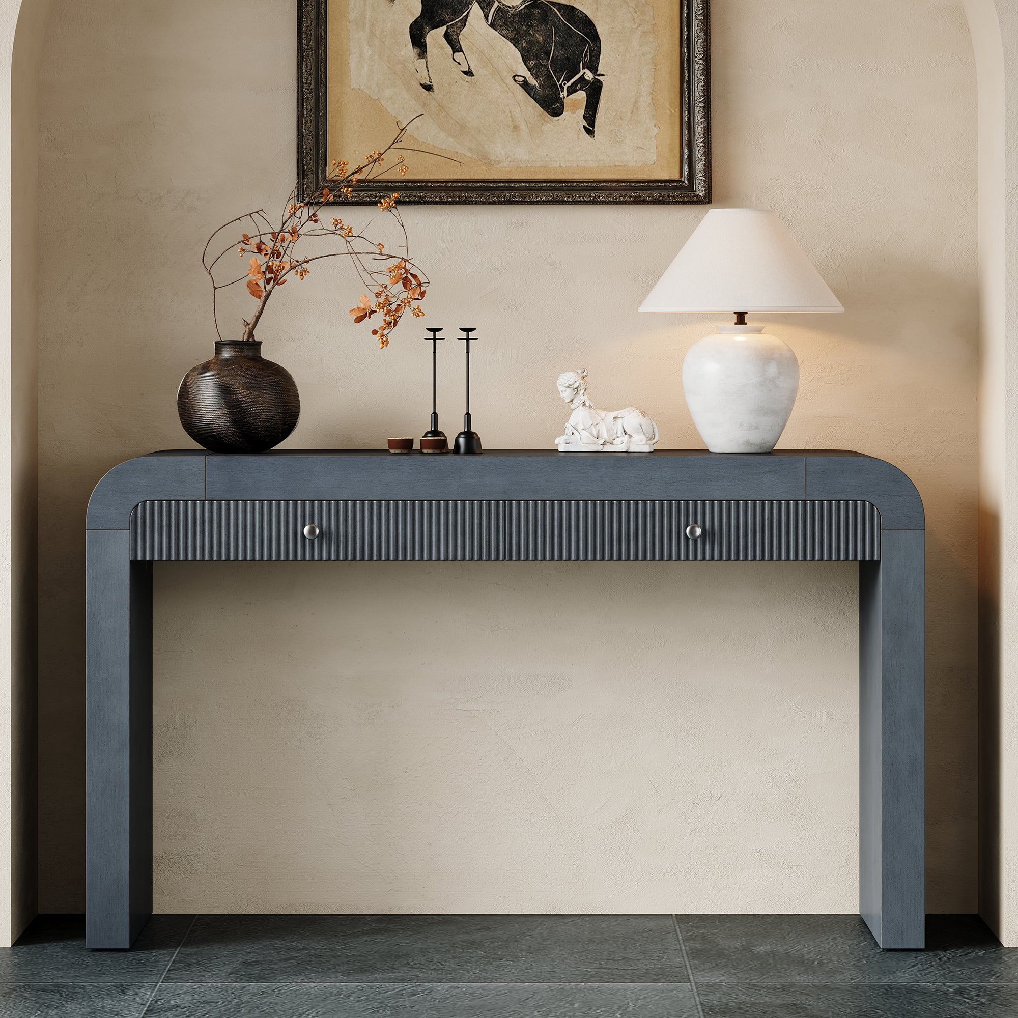 TREXM Rustic Console Table with Fluted Drawer Front, Entryway Table with Curved Corners & Thick Legs, Sturdy Sofa Table for Hallway & Living Room (Dark Navy)