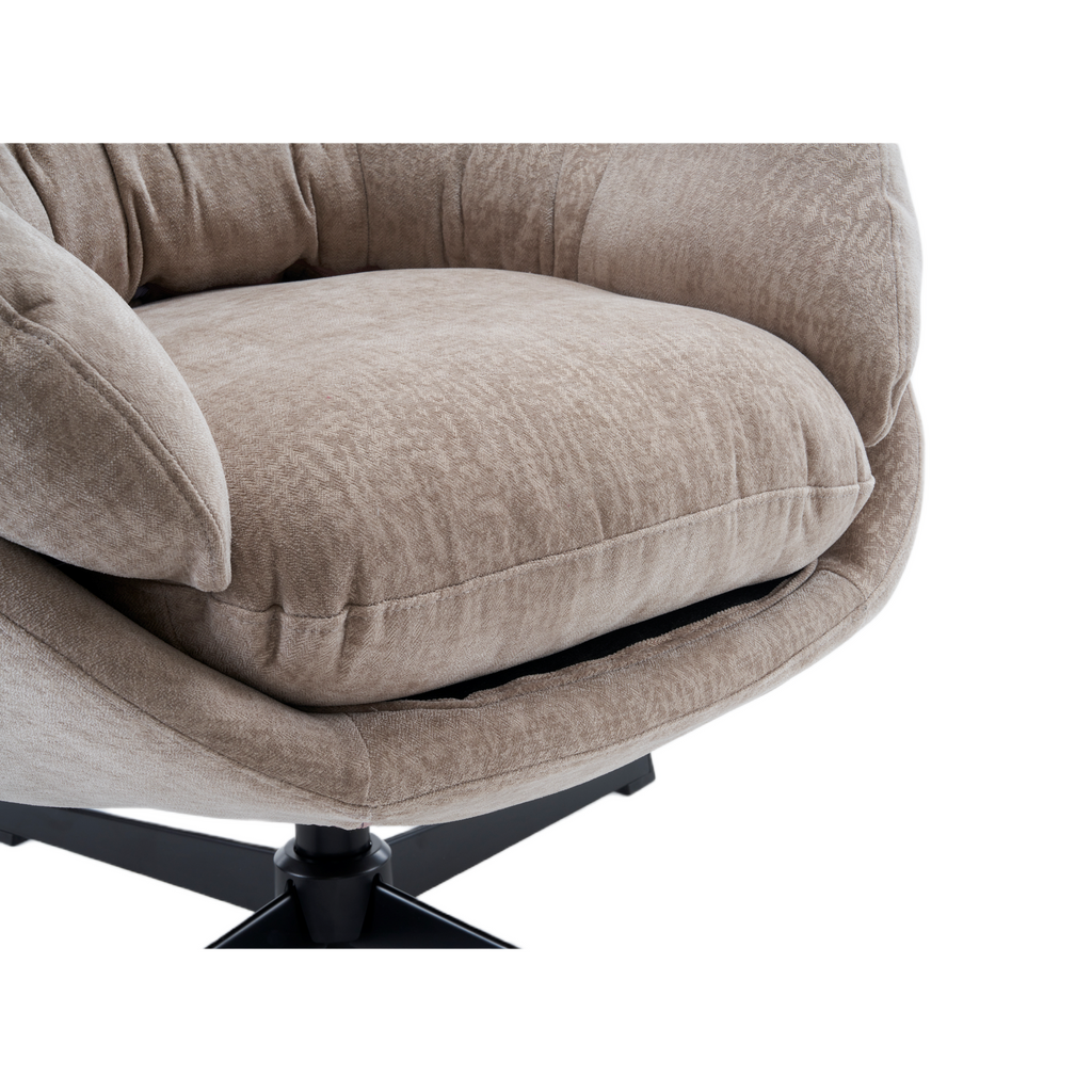 Modern Chenille Office Chair, 360° Swivel Club Chair/Accent Chair with Removable Cushion, Round Office Chair, Black Metal Base, Cotton Material, Living Room, Bedroom, Reading Corner, Office (Brown)