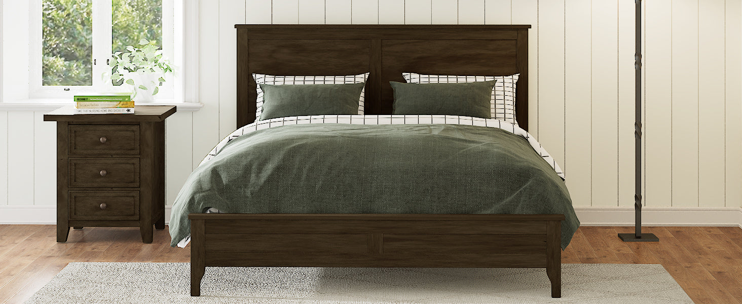 Modern Espresso Solid Wood Full Size Platform Bed with Sturdy Wooden Slats Support