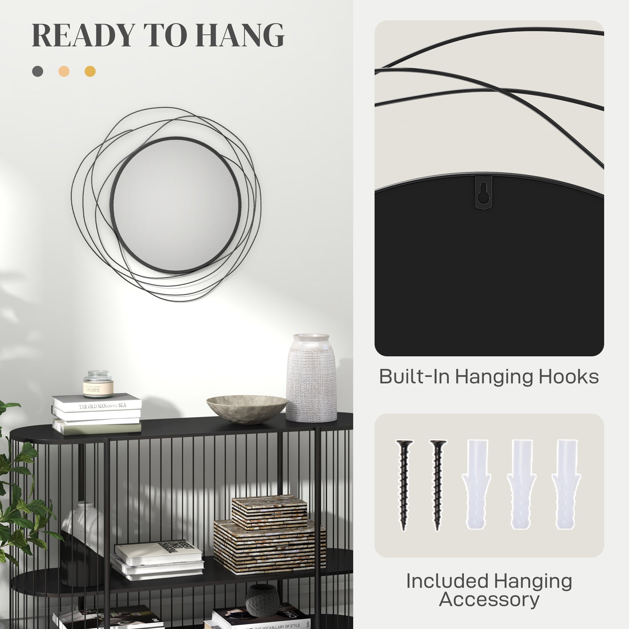 HOMCOM Metal Wall Art Modern Mirror Decor Home Hanging Wall Sculptures for Living Room Bedroom Dining Room, Black