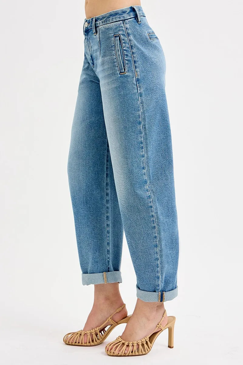 RISEN Full Size Mid Rise Fit Barrel Roll Up Jeans Plus Size