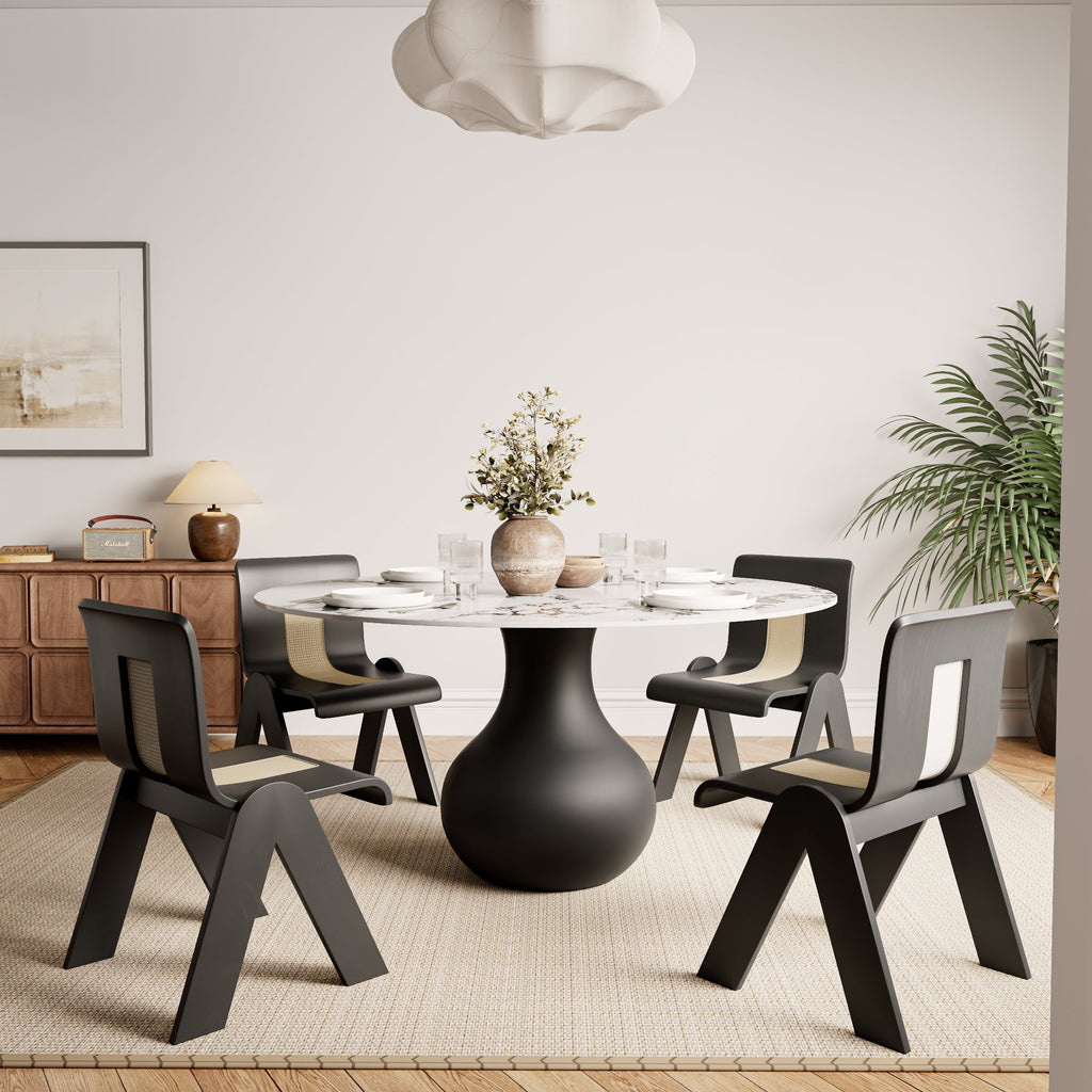 Chic Luxury Black Round Dining Kitchen 47' Table - White Black With Vase-shaped Solid Wood Pedestal For 4