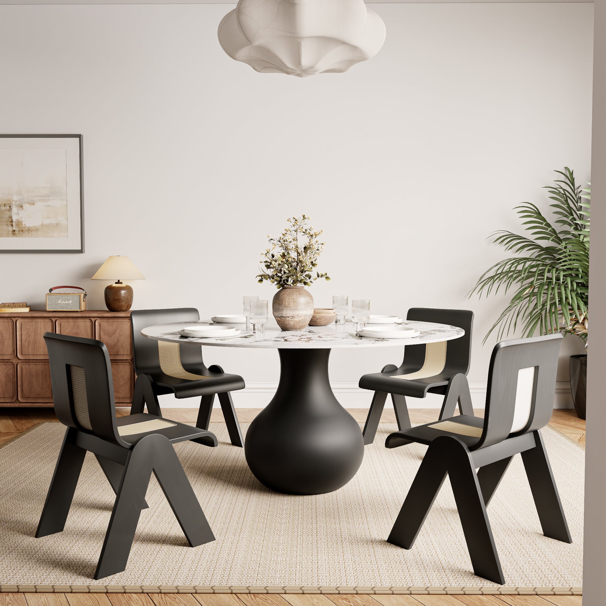 Chic Luxury Black Round Dining Kitchen 47' Table - White Black With Vase-shaped Solid Wood Pedestal For 4