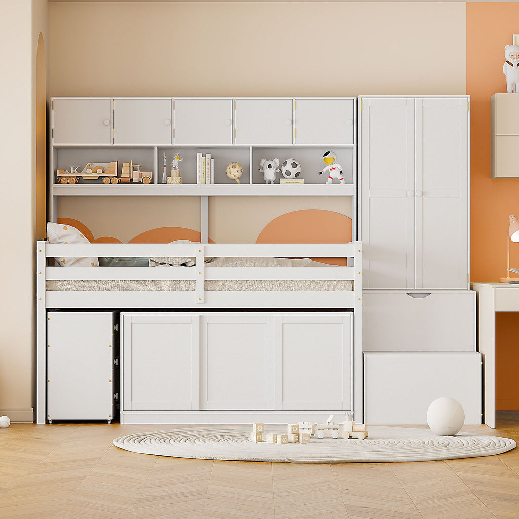 Twin Size Wooden Loft Bed Big Storage with Under-bed Desk, with Drawers, with Shelves, White