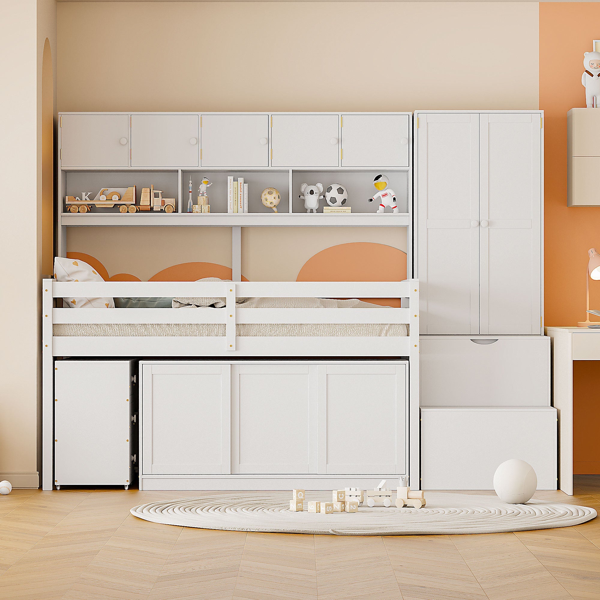 Twin Size Wooden Loft Bed Big Storage with Under-bed Desk, with Drawers, with Shelves, White