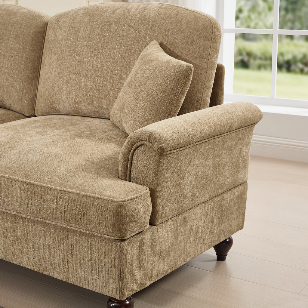 Classic Three Seater Modular L Shaped Sectional Couch with Flared Arms and Removable Ruffles Pleats Skirts and Spindle Legs, Comfy Chenille Four-Seat Deep Seat Sofa with Movable Ottoman, Light Coffee