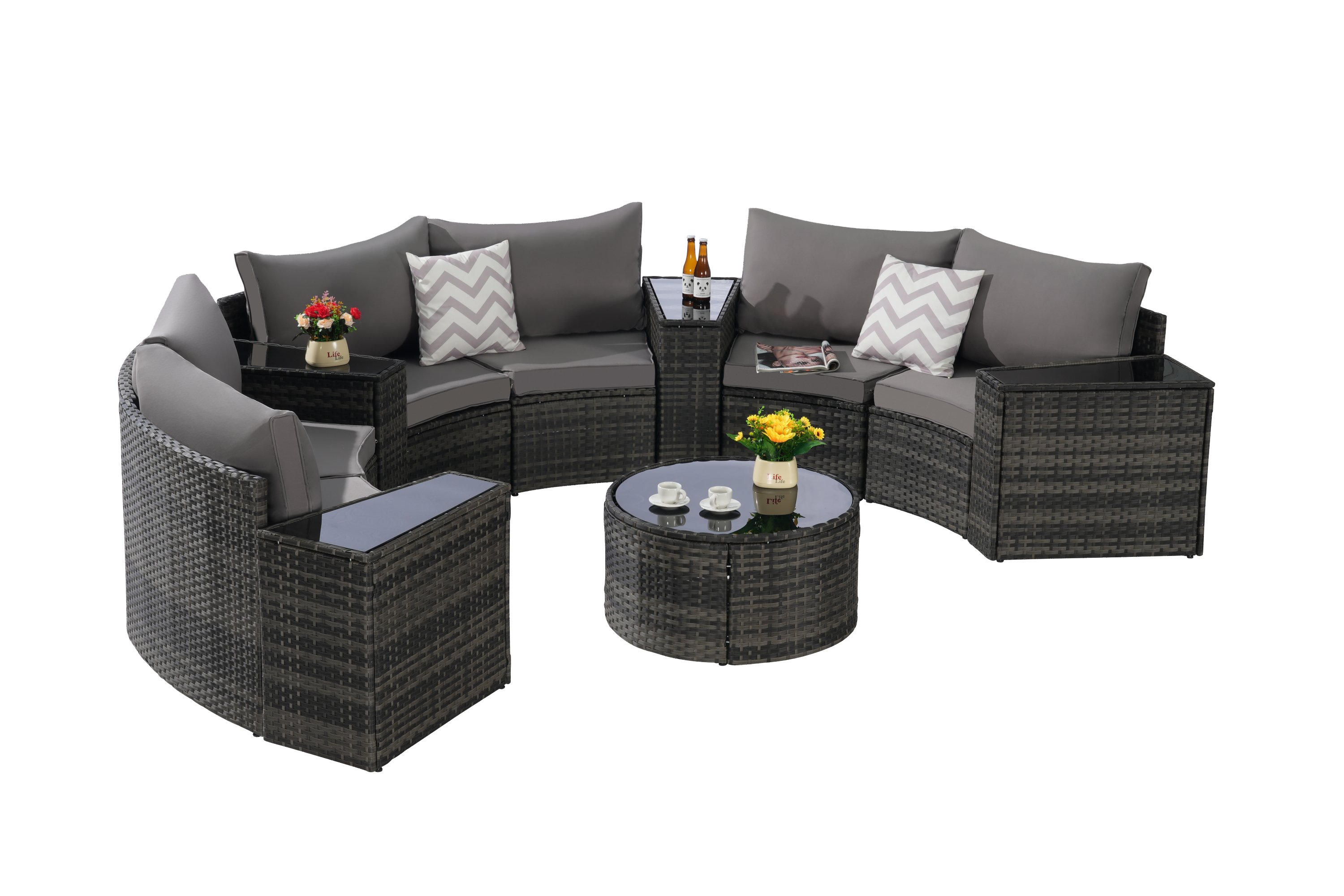 Outdoor Patio Furniture 11-Piece Half-Moon Sectional Round Patio Furniture Set Sofa with Tempered Glass Round Coffee Table