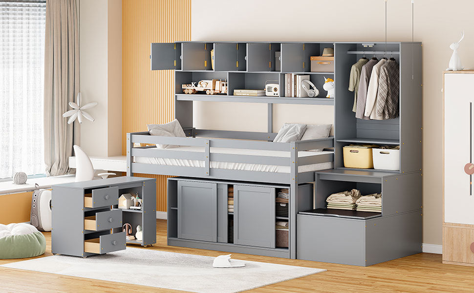 Twin Size Wooden Loft Bed Big Storage with Under-bed Desk, with Drawers, with Shelves, Gray