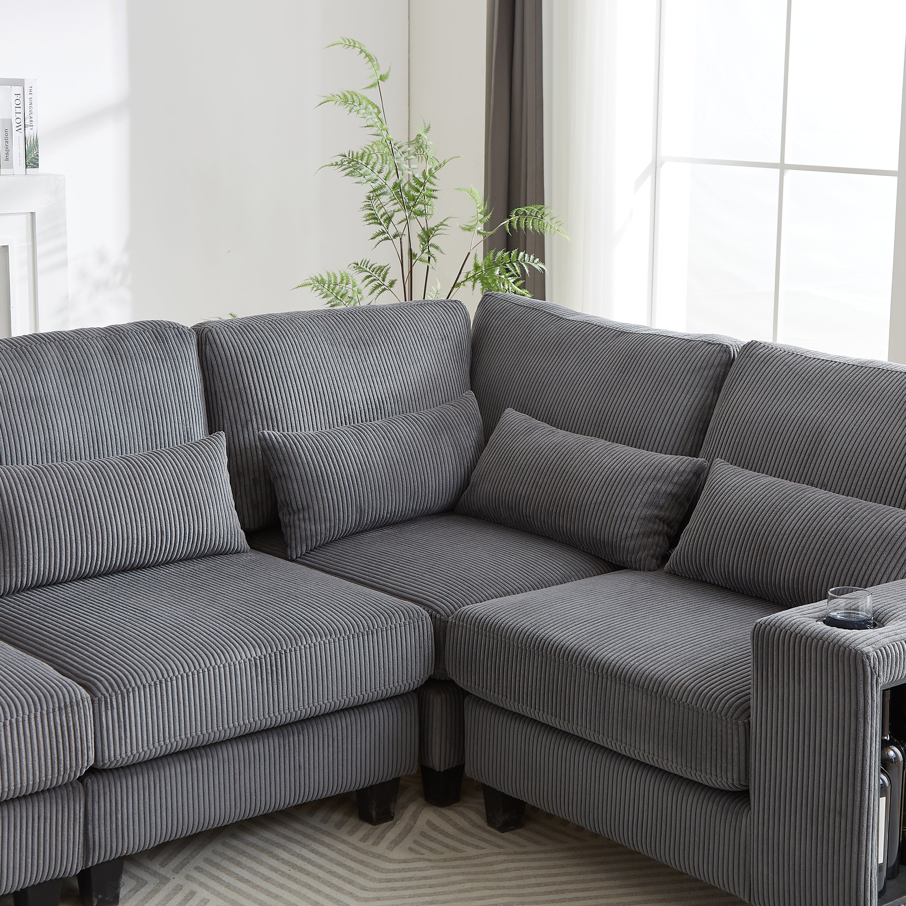 102.75*102.75' L-Shaped Modular Sectional Sofa, Modern Corduroy Sectional Sofa, Arm with Storage With Cup Holder 5-Seat Convertible Sectional Sofa for Living Room, Bedroom, Lounge and Projection Room
