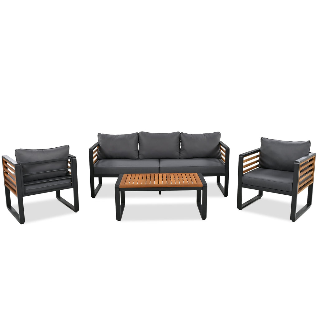 GO Large Size 4-pieces Outdoor Furniture sofa for 5 Person Conversation Set, Garden Sofa Set With Removable Cushion, Metal And Wood Frame Sofa set, Thick Cushions, Acacia Wood Tabletop, Gray