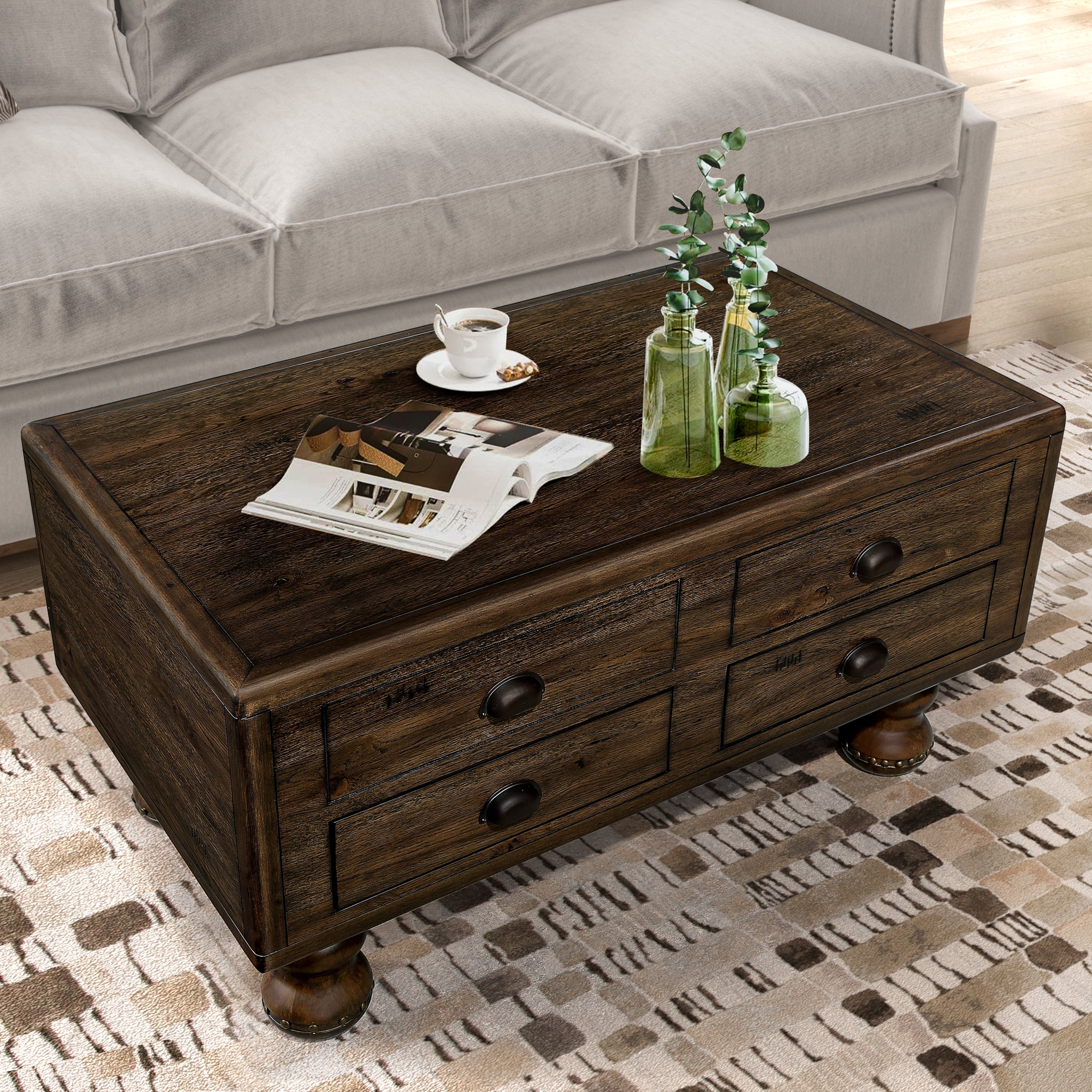 Solid Wood Rectangle Coffee Table for Living Room, 40-Inch Antique Coffee Table with 4 Drawers, Wood Center Table Tea Table with Rivet Decoration Legs.Easy Assembly, Espresso
