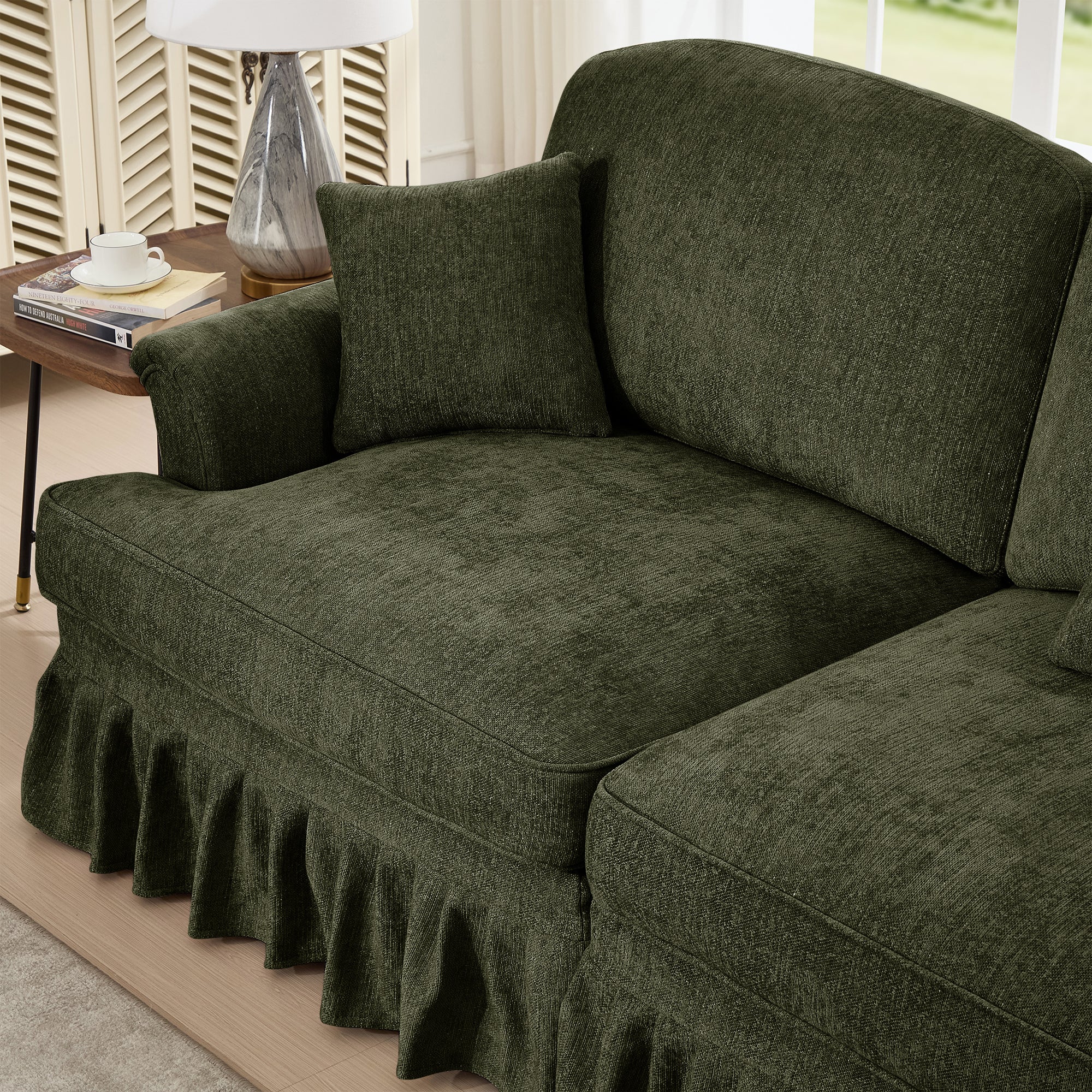 Mid Century Three Seater Modular L Shaped Sectional Couch with Flared Arms and Removable Ruffles Pleats Skirts and Spindle Legs, Comfy Chenille 3-Seat Deep Seat Sofa with Movable Ottoman,Green