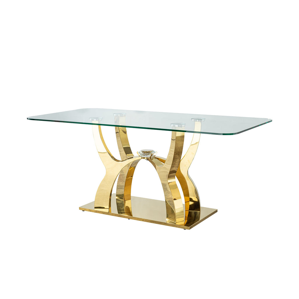 70.08 in. Tempered Clear Glass Rectangular Dining Table with Gold Stainless Steel Base, 0.47 in. Thickness