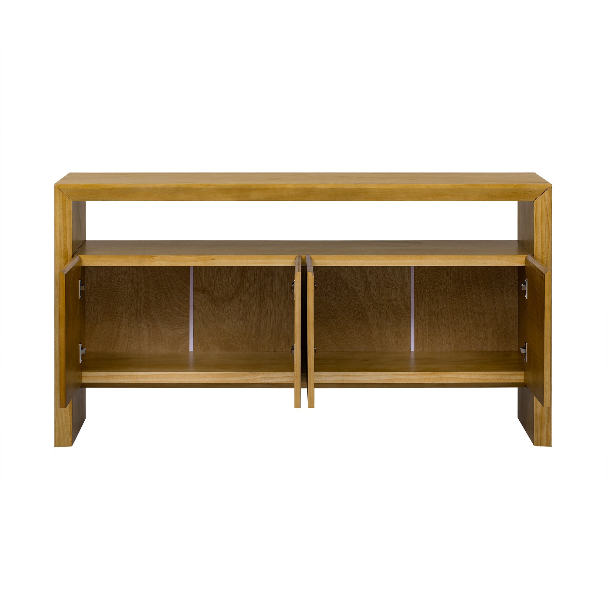 U_Style 60' 4-Door Sideboard, Modern Minimalist Solid Wood Veneer Sideboard with Open Shelf, Natural Wood Grain, Large Capacity Storage Console for Living Room, Hallway, Dining (Black/Natural)