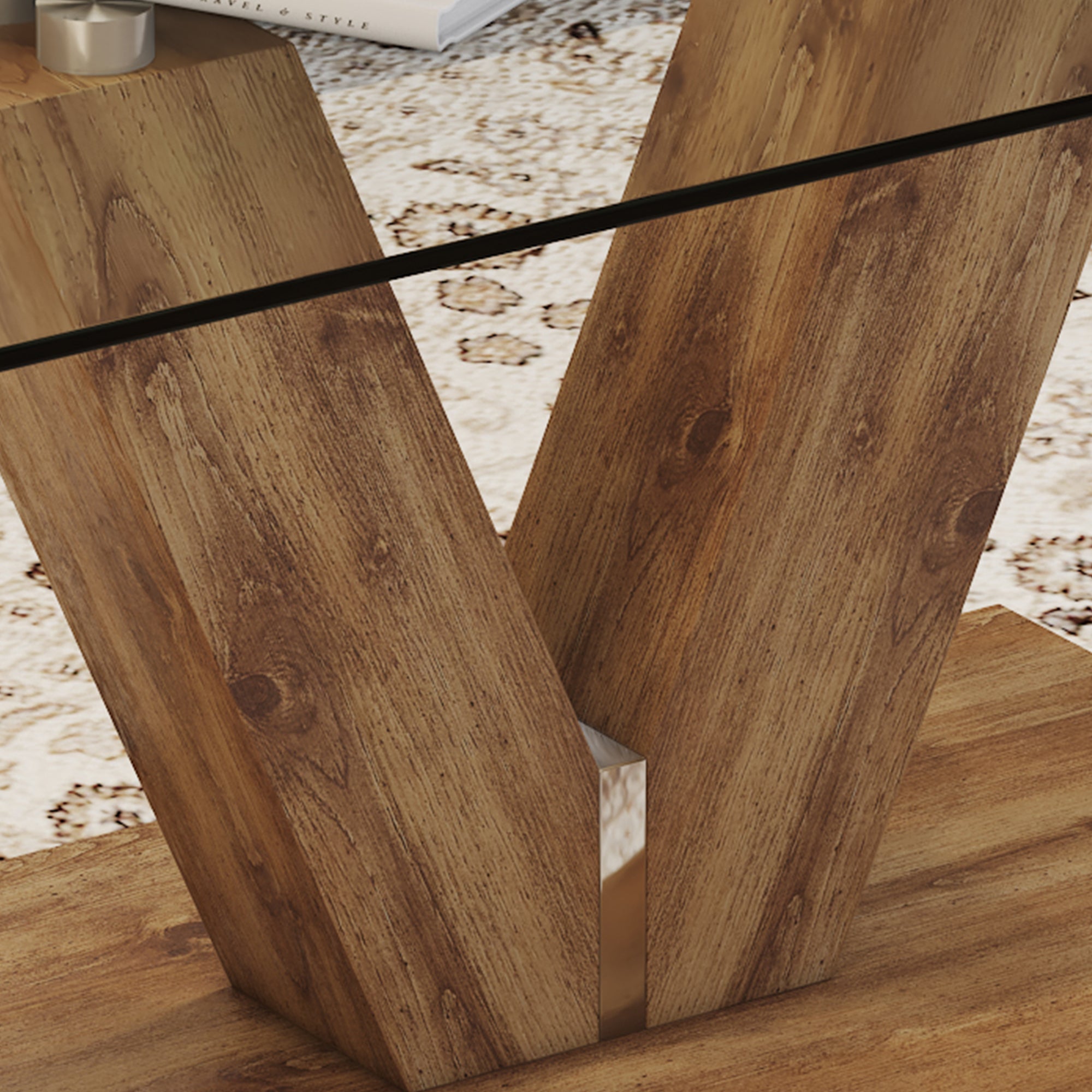 A modern minimalist style coffee table. Transparent tempered glass tabletop with wooden MDF columns. Suitable for living room and dining room.  CT-V