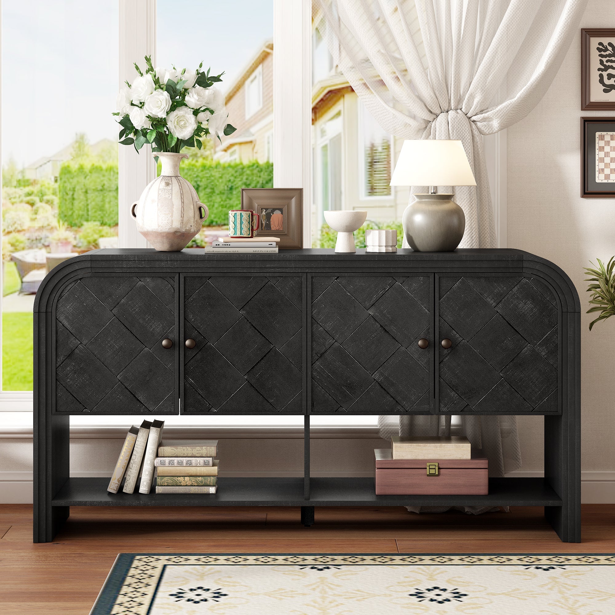 U_Style Versatile console table with Woven Wood Slats and Solid Wood Veneer,Suitable for Entryway, Hallway, Living Room,Foyer,Corridor
