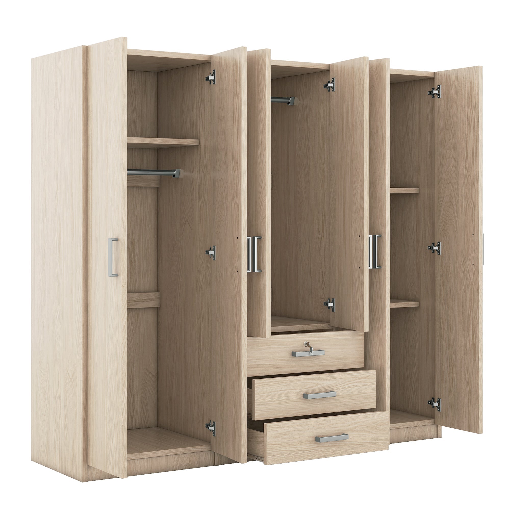6-Doors Wooden Wardrobe Storage for Bedroom, with Big Drawers, Gray