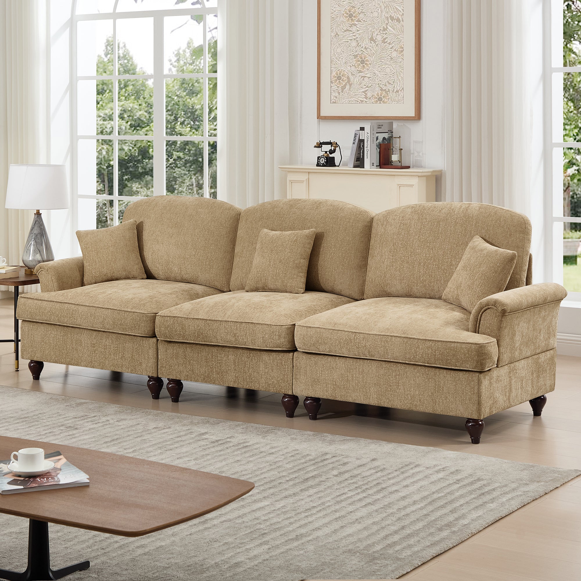 Elegant Mid Century Large 3 Seater Sofa Couch with Flared Arms and Removable Ruffles Pleats Skirts and Spindle Legs, Comfy Chenille Three-Seat Sofa for Living Room, Light Coffee