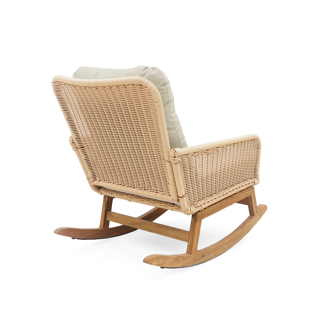 Modern 3-Piece Outdoor Seating Set with Beige Cushioned PE Rattan Rocking Chairs and Wooden Accent Table, Perfect for Patio or Balcony Relaxation