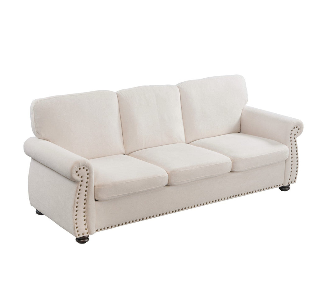 Soft Velvet Sofa, Upholstered 3 Seater Couch with High-Density Foam, Loose Back Cushions and Solid Wood Turned Legs, Chic Living Room Furniture for Home, Apartment and Office, Ivory
