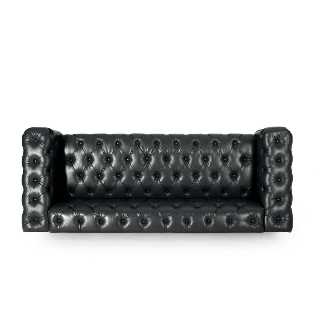 Mirod Comfy 3-Seat Sofa with Wooden Legs, PU Upholstery, Black, 83.5'' Width