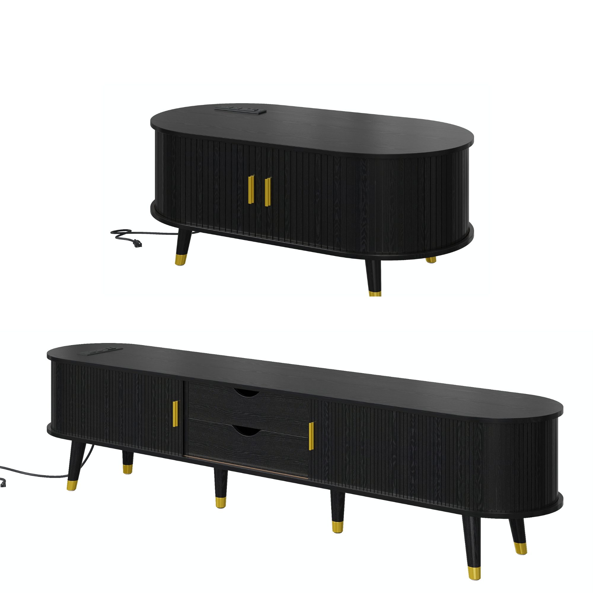 Wooden Farmhouse TV Stand & Coffee Table Set with Charging Station, Oval Fluted Media Console with Sliding Doors for TVs up to 80', Mid-Century Center Table with Solid Wood Legs for Living Room,Black
