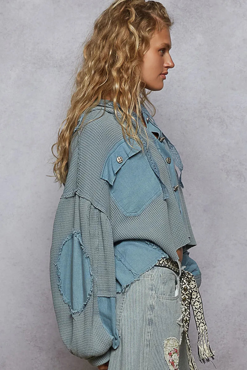 POL Contrast Cropped Jacket with Raw Edge Detail