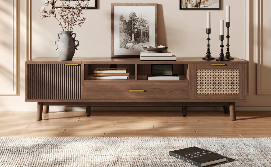 Wood Fashionable TV Stand for 75' TVs, TV Cabinet with Soft-Closing Door and Drop-Down Door Cabinet, Modern TV Consoles for Living Room, Bedroom