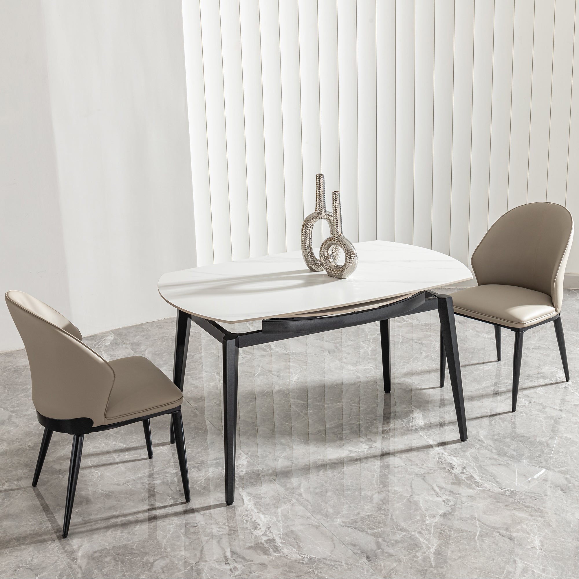 Modern Extendable Round Dining Table with Sintered Stone Top, White & Black, 33.5'' to 51.2''