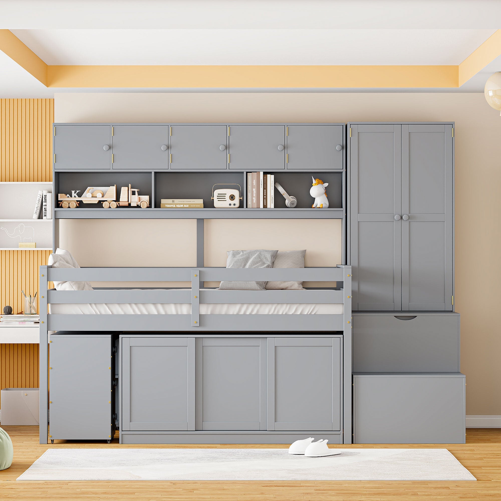 Twin Size Wooden Loft Bed Big Storage with Under-bed Desk, with Drawers, with Shelves, Gray