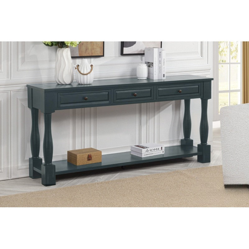 63' Long Console Table with Drawers and Shelf for Entryway, Hallway, Living Room, Acacia Wood Table, Navy