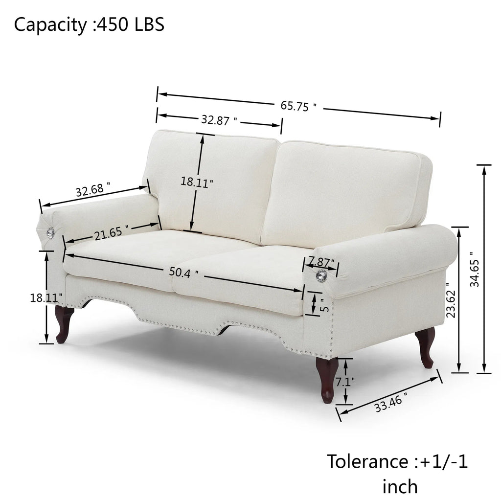 66-Inch Modern Velvet Loveseat Sofa with Wooden Legs & Crystal button and Copper Nail, Tufted Backrest, Perfect for Living Room, Bedroom, or Office (Beige)