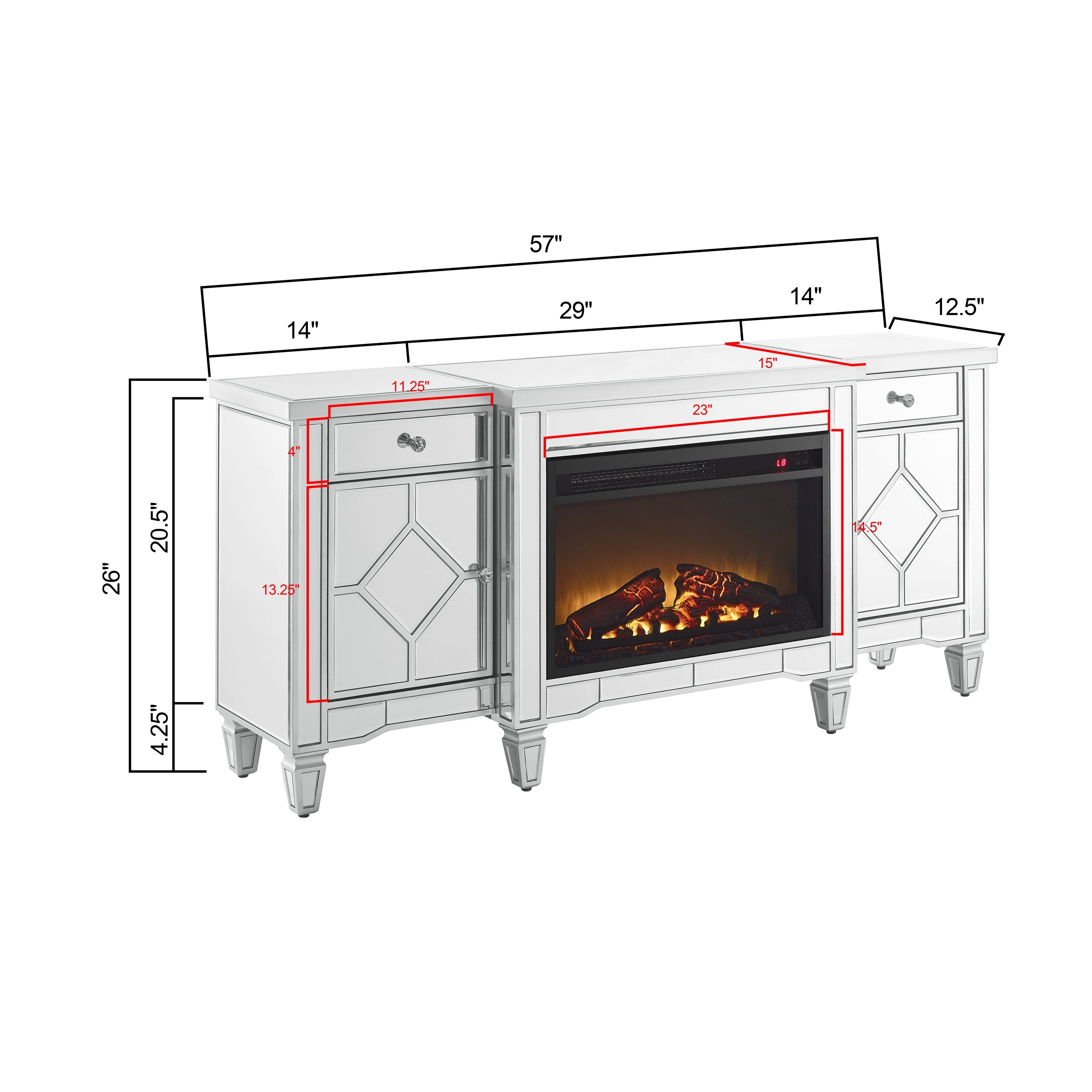 W 57' X D 15 ' X H 25.6' Flash silver combination TV fireplace cabinet